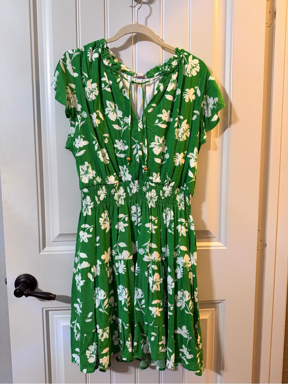 Cato Green Floral Short Dress with Tie Neck